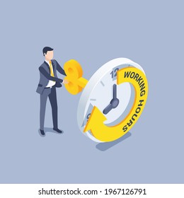 isometric vector illustration on gray background, working hours, a man in a business suit winds the clock with a key