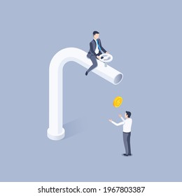 isometric vector illustration on a gray background, the owner of the money, a man in a business suit sits on a large tube with a tap and a gold coin falling out of it into the hands of another person