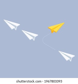 isometric vector illustration on gray background, change course, flying paper planes, road to success