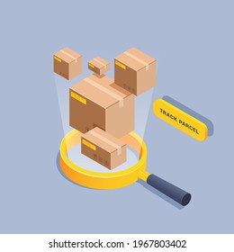 isometric vector illustration on gray background, track the parcel, button near the magnifying glass from which mail boxes fly out