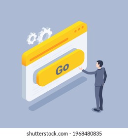 isometric vector illustration on a gray background, button with the inscription go on the browser window and a man in a business suit reaches for it with his hand