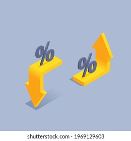 isometric vector illustration on gray background, decrease and increase interest, yellow up and down arrows with percentage icon