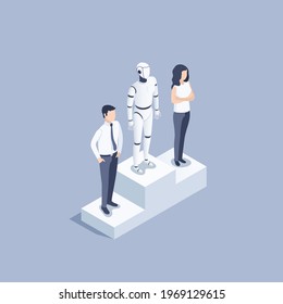 isometric vector illustration on a gray background, artificial intelligence against a person, a robot is standing on a pedestal and a man and a woman in business clothes are next to each other