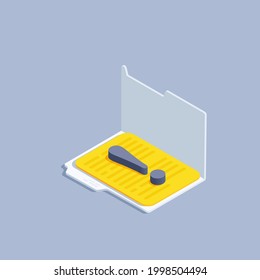 isometric vector illustration on gray background, opened folder with document sheet and big exclamation mark, important information or data