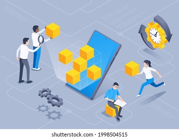 isometric vector illustration on gray background, smartphone with abstract cubes and people developing app elements, working with virtual environment