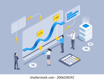 isometric vector illustration on a gray background, people in business clothes are working in front of a huge screen with data that is entered on the server, data center