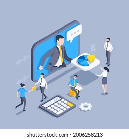 isometric vector illustration on gray background, man in business suit on tablet screen with pie chart, people work with data, remote online coworking spaces