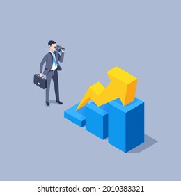 isometric vector illustration on gray background, a man in a business suit with a briefcase looks through binoculars at a rising chart with a yellow arrow going up, rising perspectives