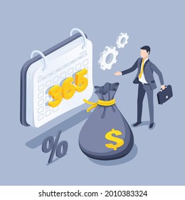 isometric vector illustration on a gray background, a man in a business suit with a briefcase stands near a bag with money and a calendar, planning a budget or investment