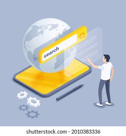 isometric vector illustration on a gray background, the globe over the tablet screen and the browser search bar, the man will find the necessary information on the internet