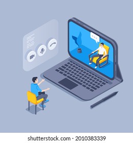 isometric vector illustration on gray background, man communicates online with colleague remotely via tablet, remote video conference