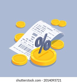 isometric vector illustration on gray background, check and scattered near gold coins and percent icon, payment of tax