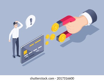 isometric vector illustration on a gray background, a bank card and a hand with a magnet to which gold coins are flying, withdrawal of money