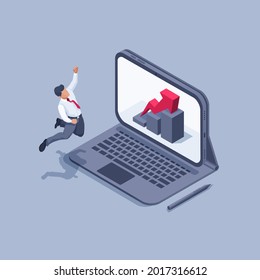 isometric vector illustration on a gray background, a man in a business suit with a red tie happily jumped up, tablet with a growing graphic and a red arrow, success or luck