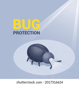 isometric vector illustration on gray background, android beetle on electronic board illuminated by light, bug protection