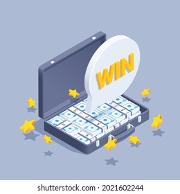 isometric vector illustration on gray background, suitcase with money and messages with the inscription win, big jackpot