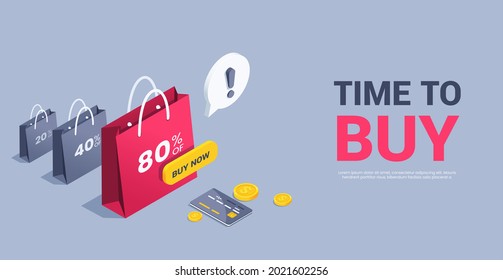 isometric vector illustration on gray background, paper shopping bags with percentages, button with inscription buy now and credit card with coins, sale and discounts
