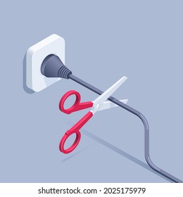 isometric vector illustration on gray background, scissors with red handle cut the wire connected to the outlet, electrical safety rules