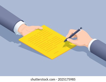 isometric vector illustration on gray background, a man in a business suit signs a document, business agreement or contract