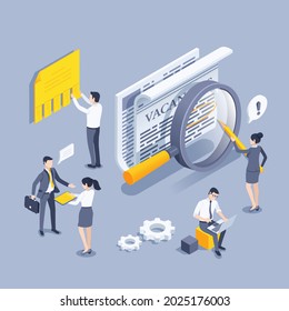 isometric vector illustration on gray background, vacancy announcement in newspaper and internet, people watching job advertisements in different sources