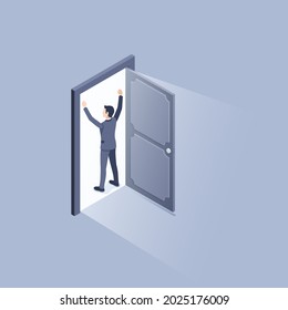 isometric vector illustration on a gray background, an open door and a man in a business suit with his hands up, new opportunities and success