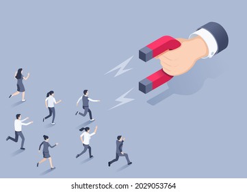 isometric vector illustration on gray background, hand with magnet and people in business clothes run to it, customer acquisition and marketing svg