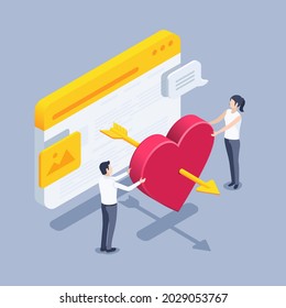 isometric vector illustration on gray background, man and woman holding big heart with arrow near browser window, dating site or Valentine's day