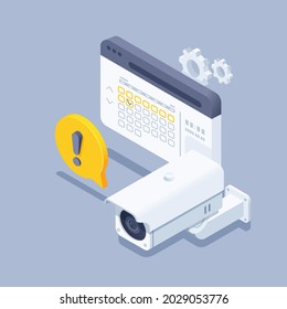 isometric vector illustration on gray background, cctv camera and calendar in browser window, saving video archive