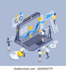 isometric vector illustration on a gray background, charts and graphs on a tablet screen, people in business clothes are working with data analysis, statistics collection