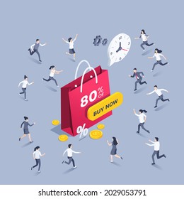 isometric vector illustration on gray background, red shopping bag and button that says buy now, people running for discounts, holiday sale, catch discounts