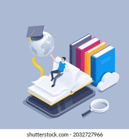 isometric vector illustration on a gray background, open book on the tablet screen and a man flying above it reaches out with his hand to a globe and bachelor cap, books next to a cloud