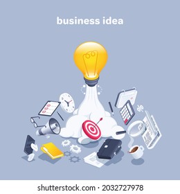 isometric vector illustration on gray background, light bulb flying up like a rocket and flying in different directions icons of items, creative business idea