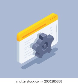 isometric vector illustration on gray background, browser window and gear icon, setting or debugging