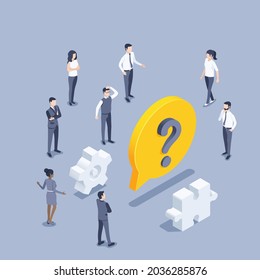 isometric vector illustration on gray background, men and women in business clothes are standing near a text bubble with a question mark, solving a common problem