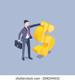 isometric vector illustration on a gray background, a man in a business suit with a briefcase stands near a big golden dollar sign, wealth and success
