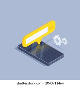 Isometric Vector Illustration On Gray Background, Smartphone And Text Bubble With Window For Entering Security Code, Unlocking Smartphone With Password