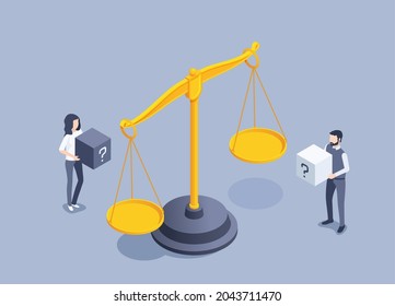 isometric vector illustration on gray background, vintage scales and a man with a woman holding cubes with a question mark, justice or equalization in rights, weight measurement