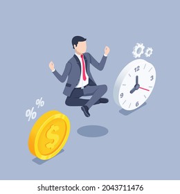 ilustración vectorial isométrica sobre fondo gris, hombre en traje de negocios medita entre moneda de oro con icono y reloj de dólar, encontrar equilibrio y armonía