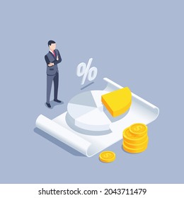 isometric vector illustration on a gray background, a man in a business suit stands near a sheet of paper with a pie chart, share in the business