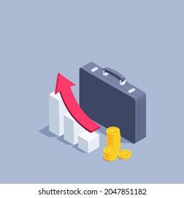 isometric vector illustration on gray background, business briefcase next to the chart and arrow and columns of coins with dollar sign, business financial aid or money gain
