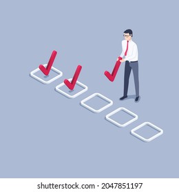 Isometric Vector Illustration On Gray Background, Man In Business Clothes Putting Check Mark In The Box, Testing Or Planning