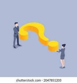 isometric vector illustration on gray background, man and woman in business suits are holding a yellow question mark, looking for an answer