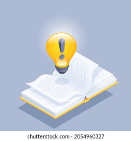 isometric vector illustration on gray background, open book and glowing light bulb with exclamation mark, knowledge in books and search for idea