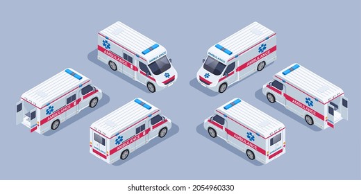 ilustración vectorial isométrica en fondo gris, vista frontal y posterior del vehículo de ambulancia