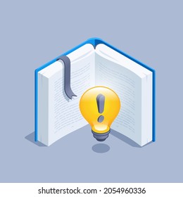 Isometric Vector Illustration On Gray Background, Open Book With Bookmark And Glowing Light Bulb With Exclamation Mark, Knowledge In Books And Idea