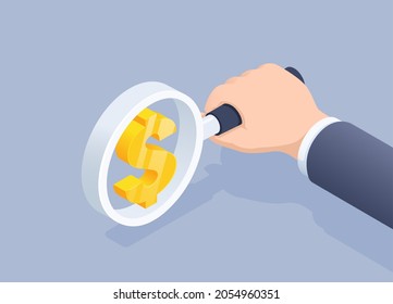 isometric vector illustration on gray background, the hand of a man in a business suit holds a magnifying glass with a dollar sign, search and increase money