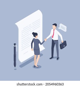 isometric vector illustration on gray background, man and woman in business clothes shake hands next to paper document, signing a document or concluding a contract