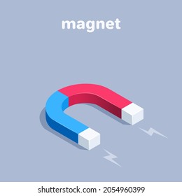 isometric vector illustration on gray background, magnet of blue and red color, attracting a buyer or money