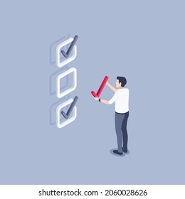 isometric vector illustration on gray background, man in business clothes putting check mark in the box, testing or planning