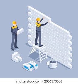 isometric vector illustration on gray background, men in working uniforms building brick wall, tiler or bricklayer